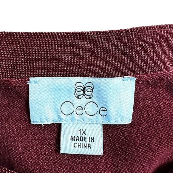 Cece New Women’s Tie Neck Sheer Long Sleeve Sweater Dress Burgundy Plus Size 1X - Picture 12 of 13